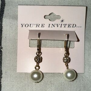 Gold-Tone Pearl Drop Earrings with Crystal Accents